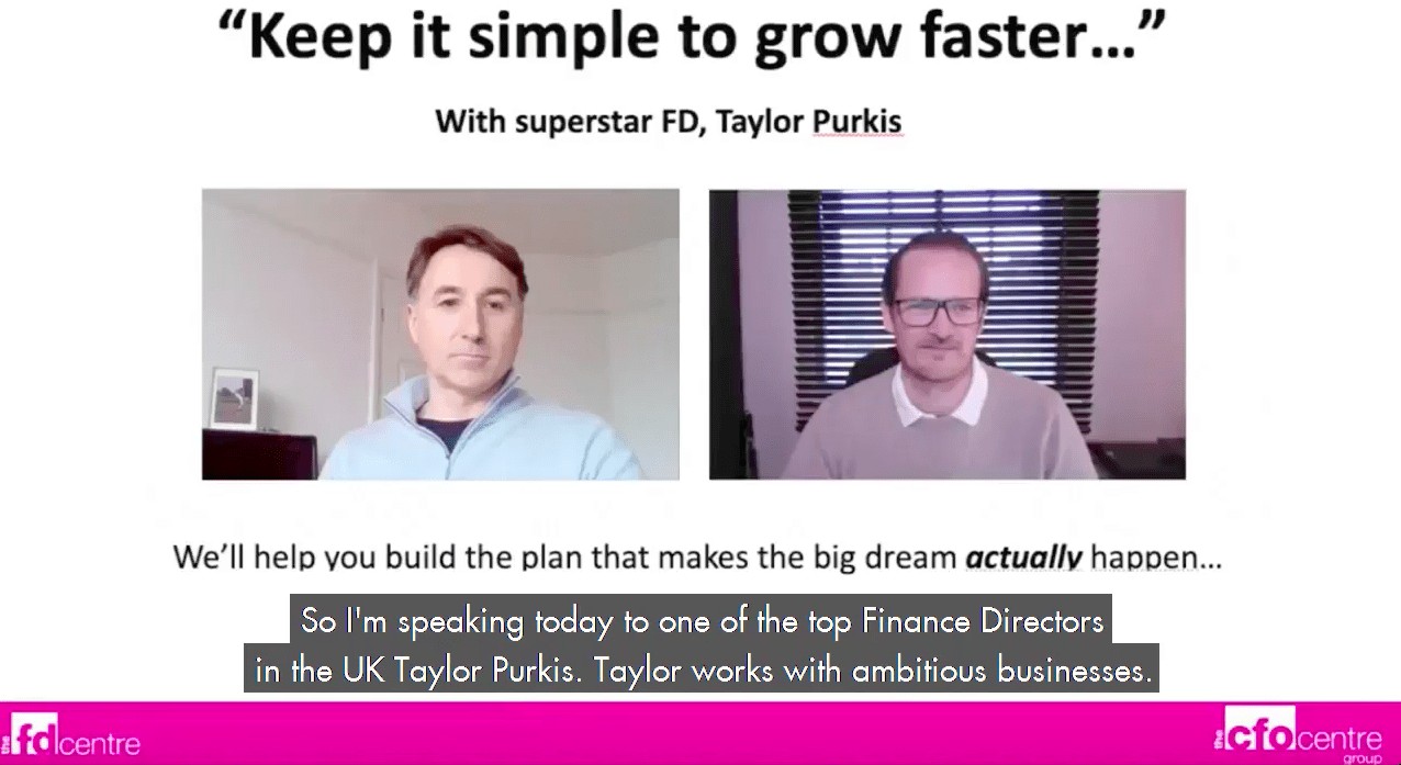2 men on a video sharing call with the words keep it simple to grow faster above in text format