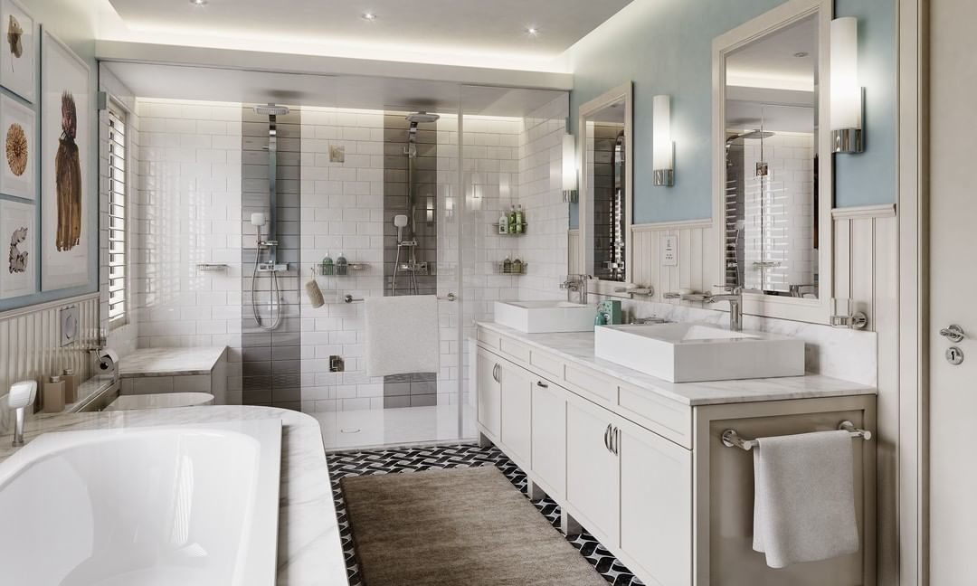 Open plan bathroom, including a bath and a shower, with sink, all white