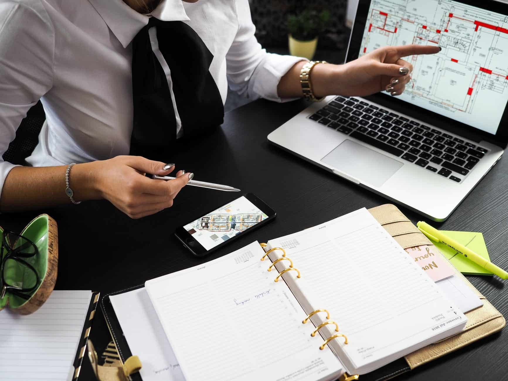 A business woman explaining something on her laptop using an illustration.