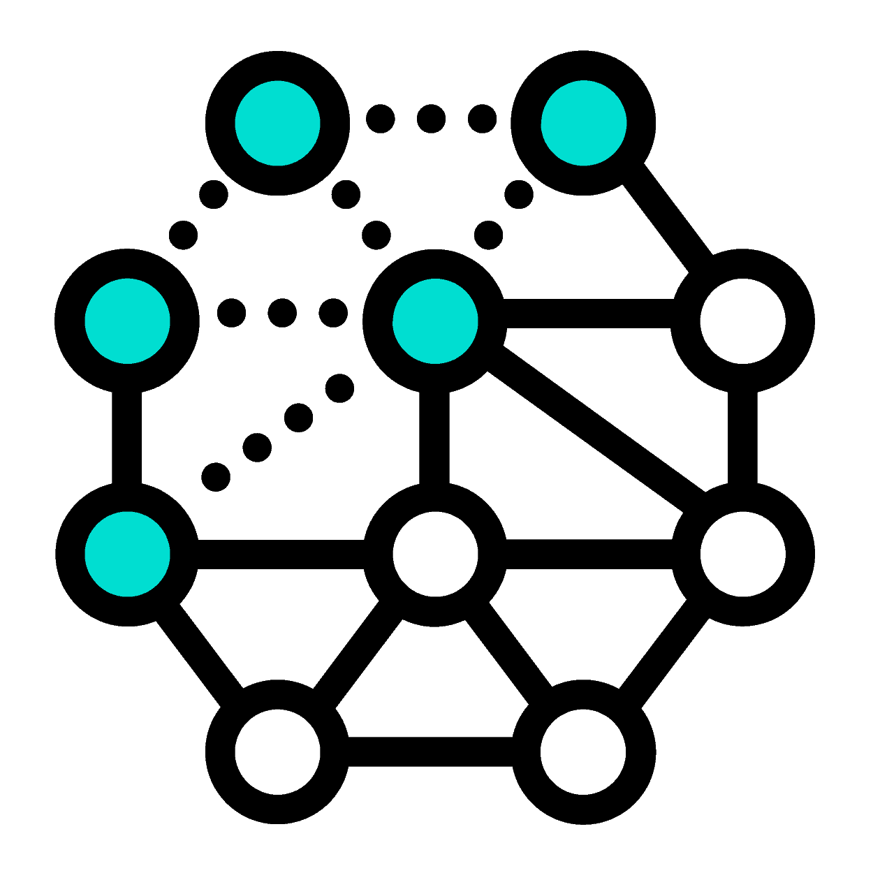 Small circles shaped in octagon that are connected by solid & broken lines representing business systems.