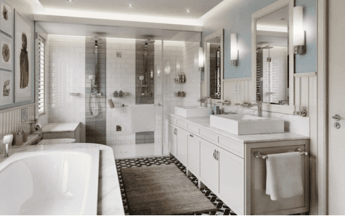 An elegant bathroom that includes a bath, shower & sink.