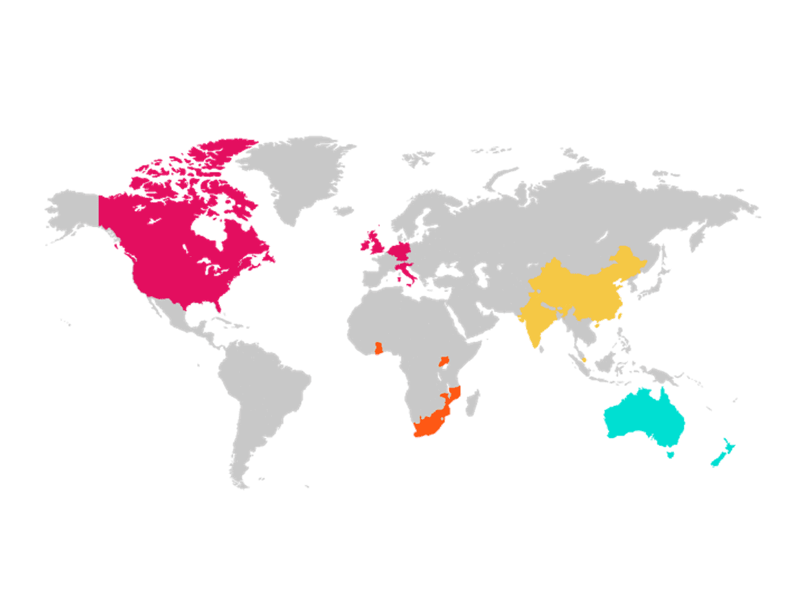 A world map with countries being highlighted that The CFO Centre operates in.