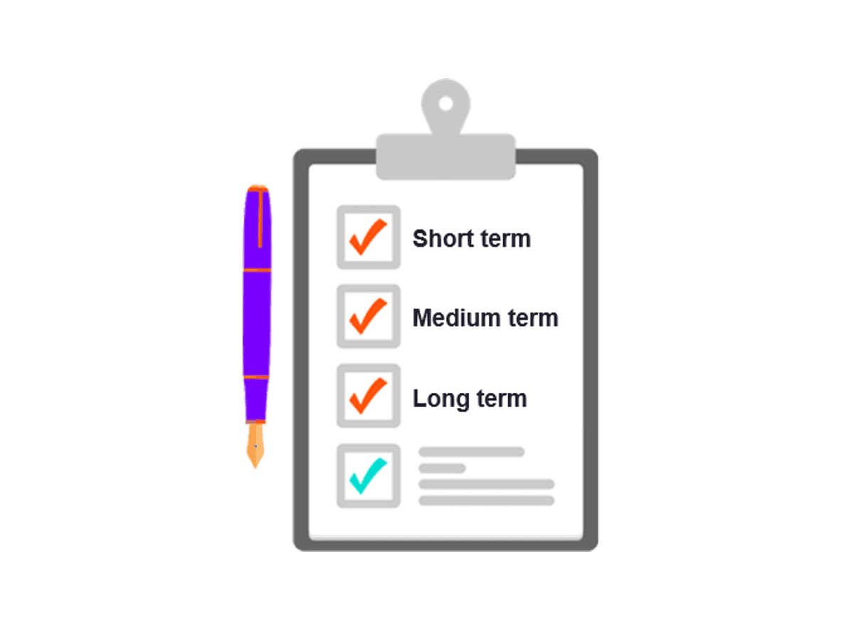 A work plan with a pen icon showing different goals being ticked.