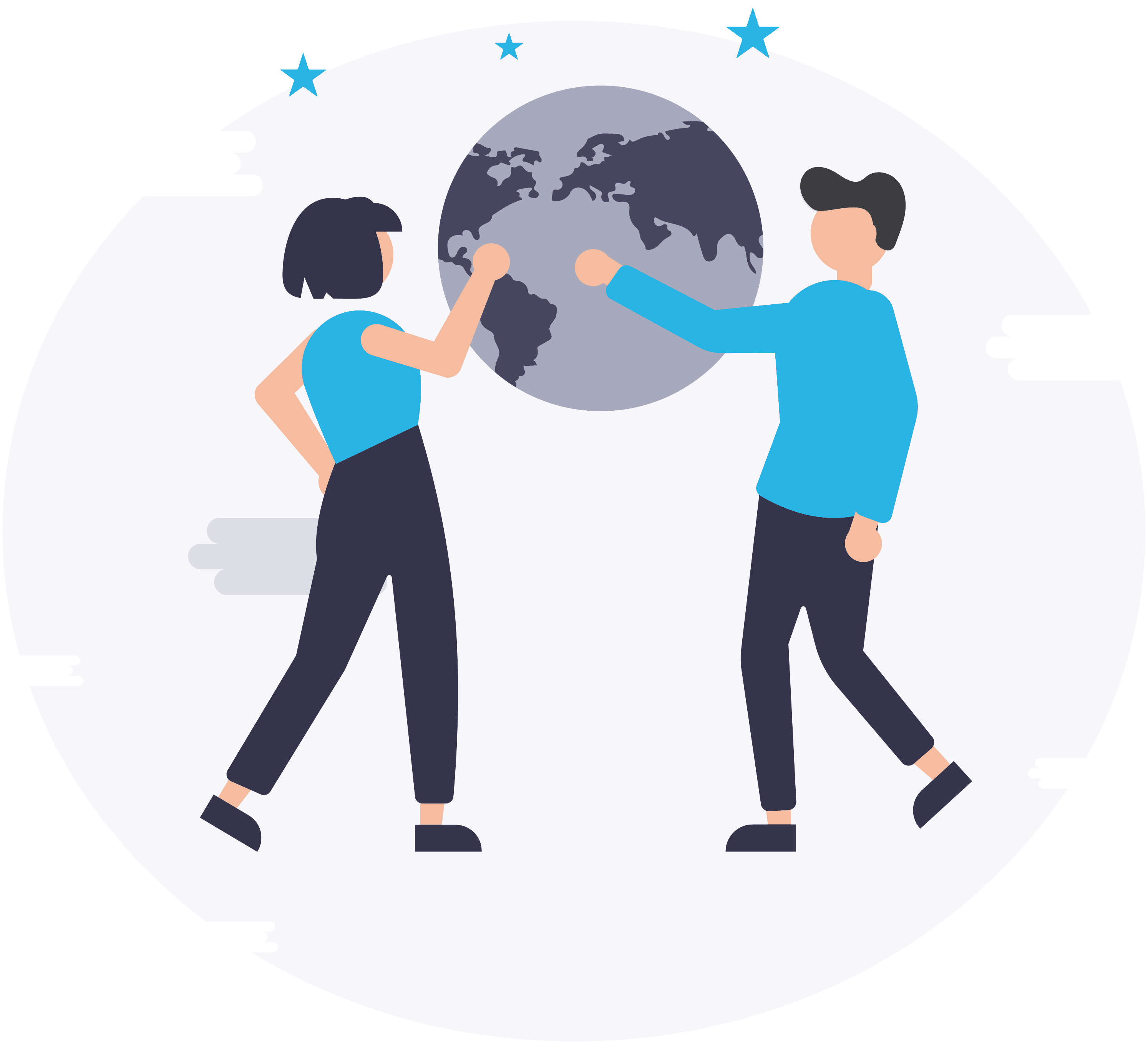 illustration icon of man and woman fist bumping in front of a globe
