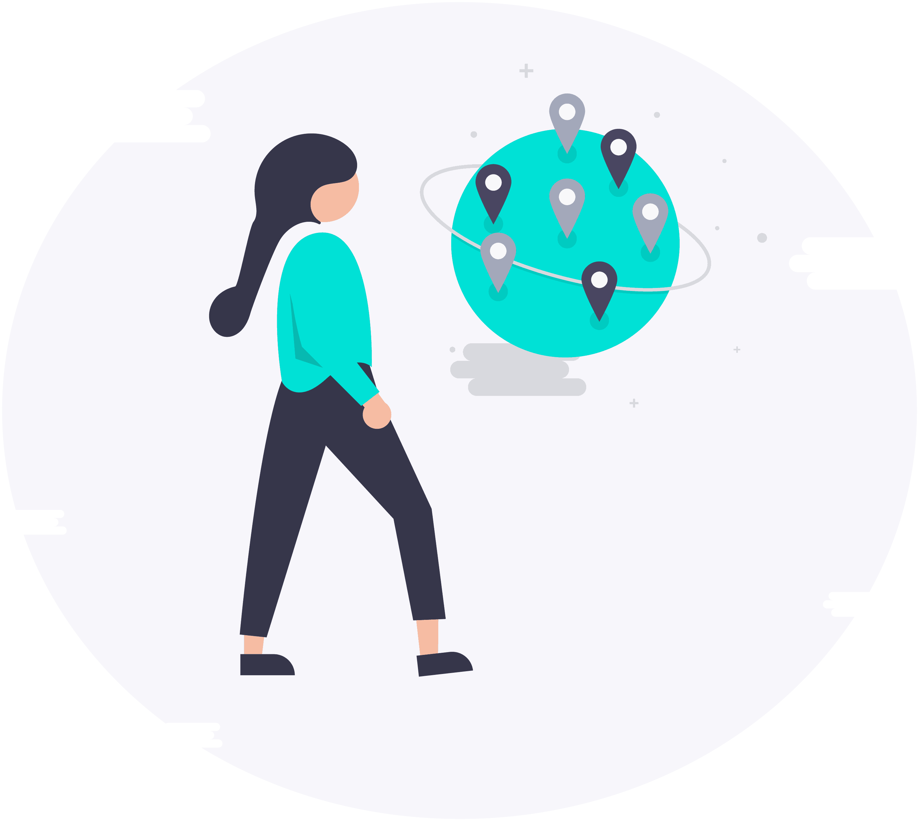 icon of a woman looking at a globe with location pins all over it