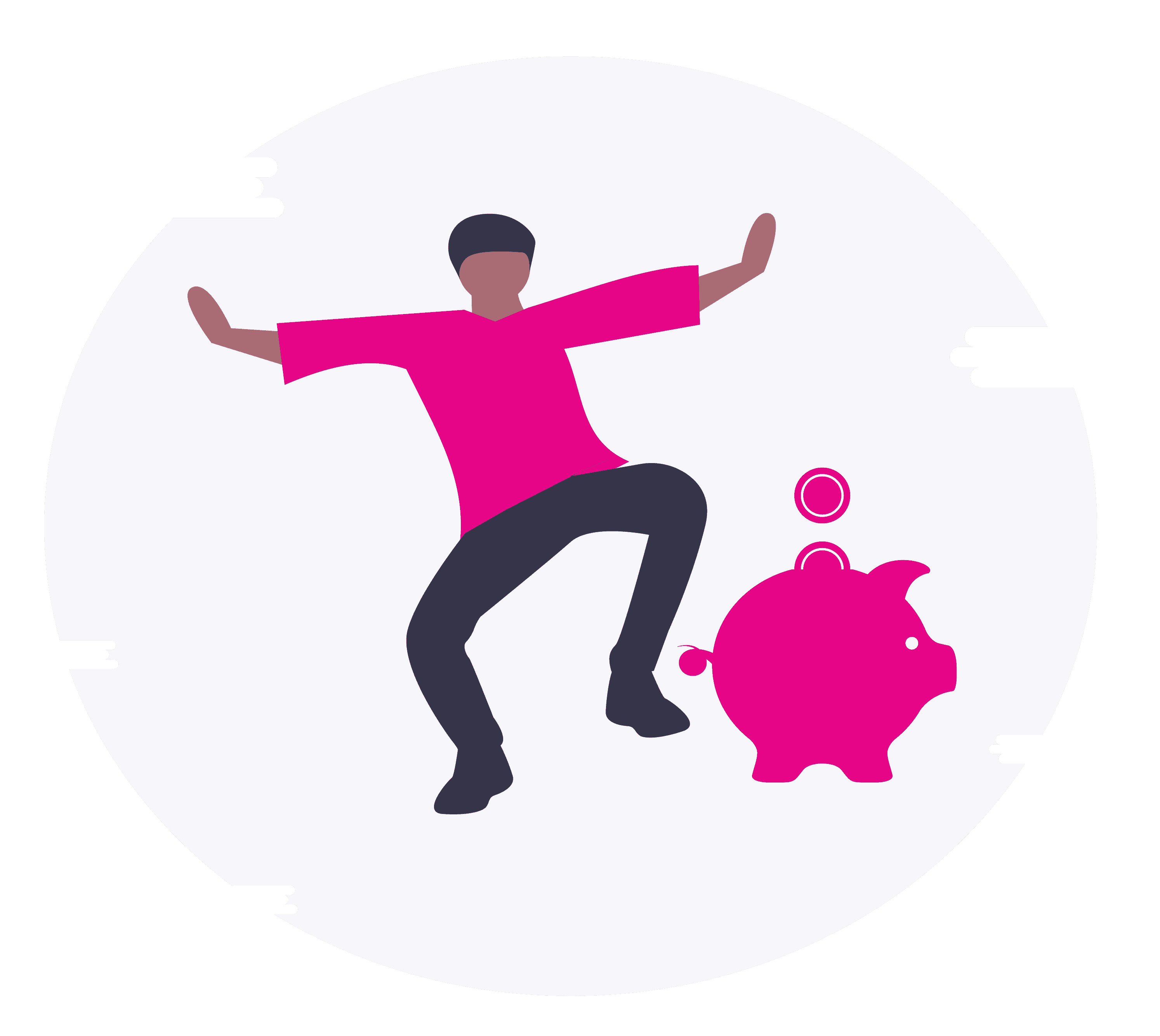 icon of a man dancing beside a pink piggy bank representing no fees