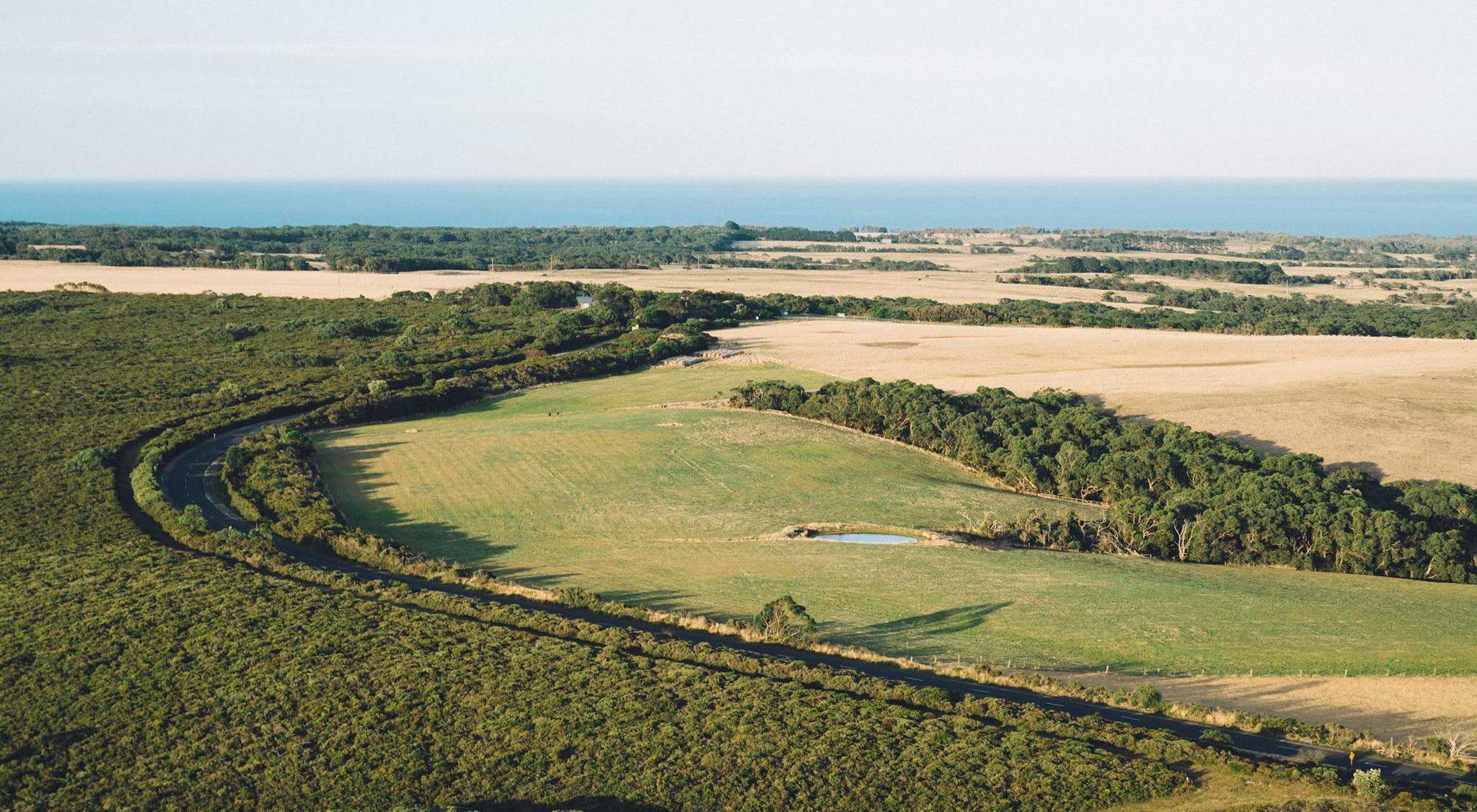 Green fields, aerial landscape view