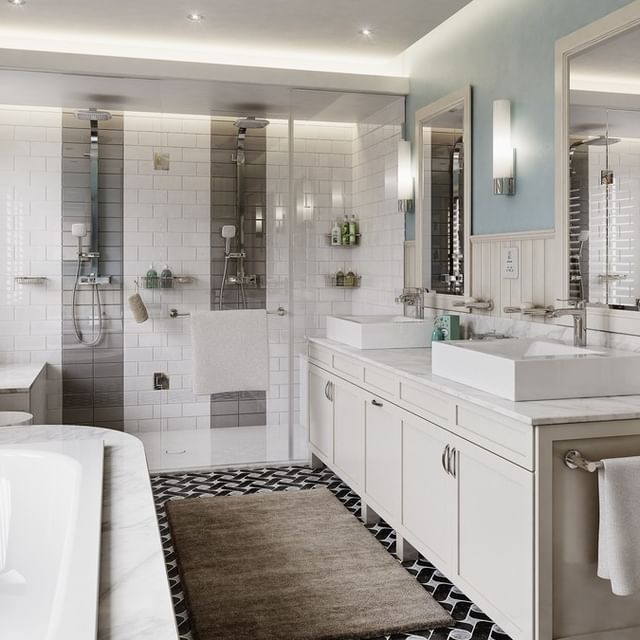Open plan bathroom, including a bath and a shower, with sink, all white