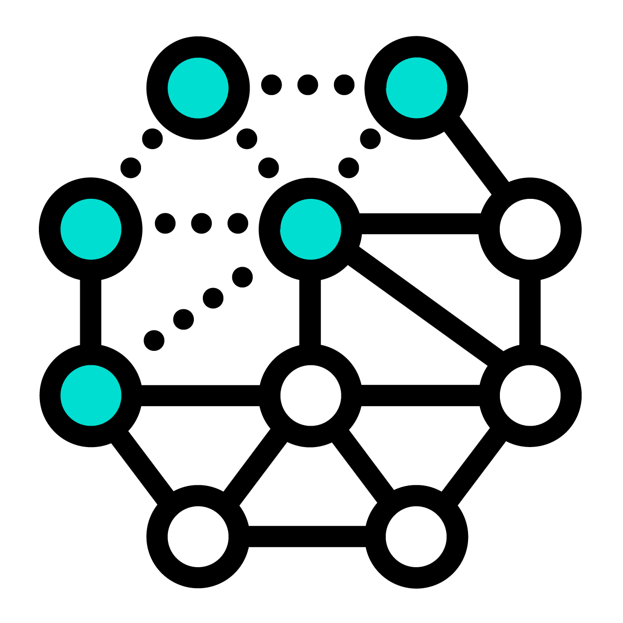 Small circles shaped in octagon that are connected by solid & broken lines representing business systems.