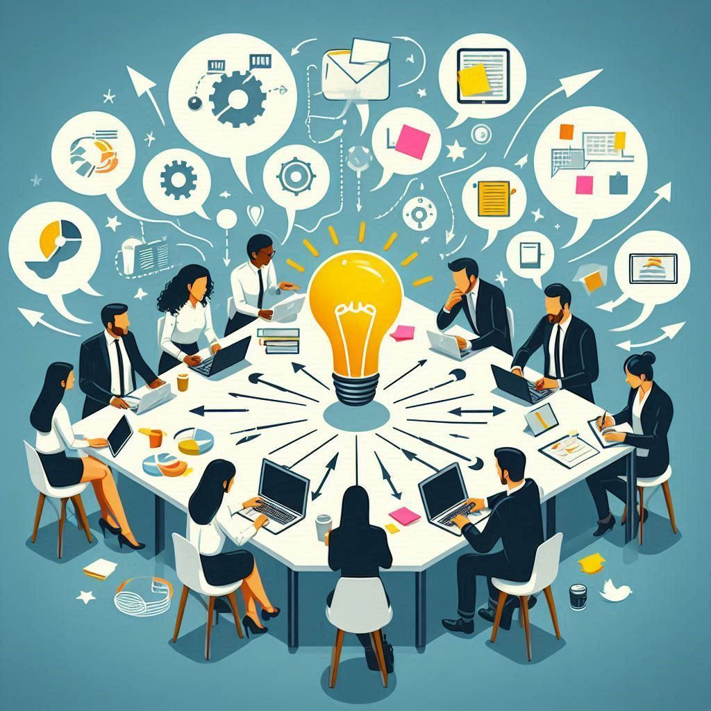 Business professionals seated around a table engage in a meeting, with a large, glowing light bulb at the center symbolizing innovation, while speech bubbles above some individuals display digital tools, highlighting collaboration and technology-driven discussions.