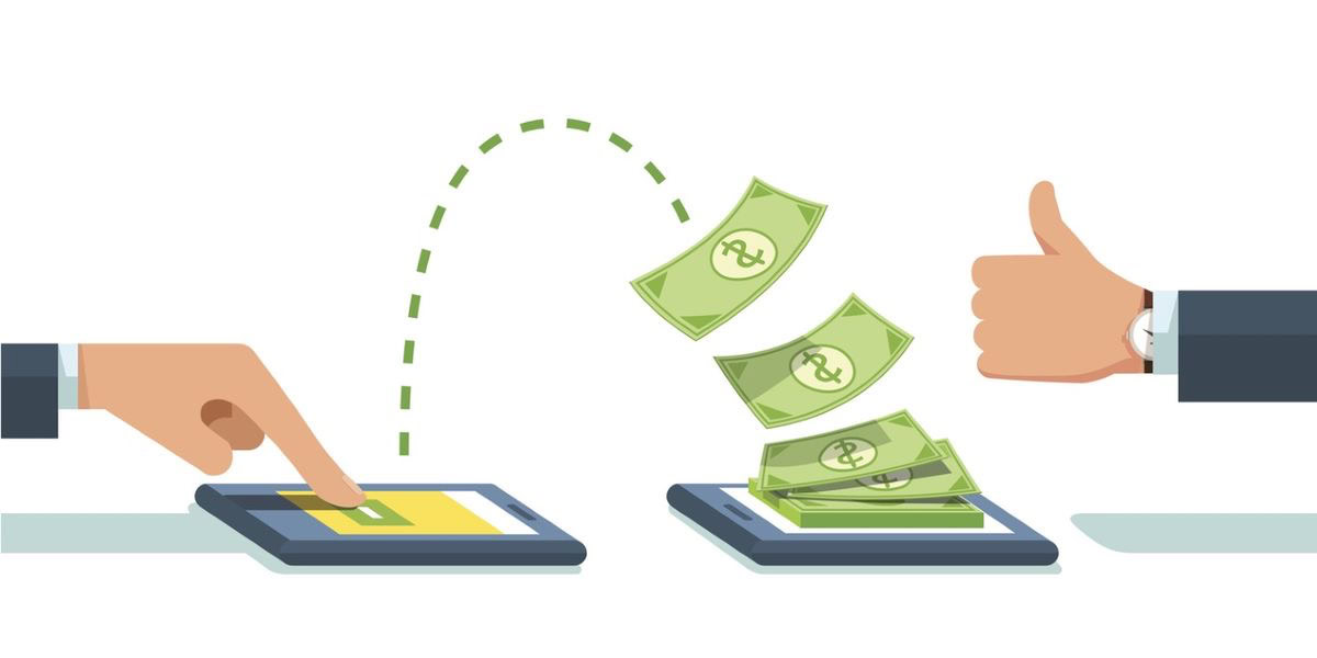 A hand taps on a tablet, sending cash toward another tablet, while another hand gives a thumbs-up