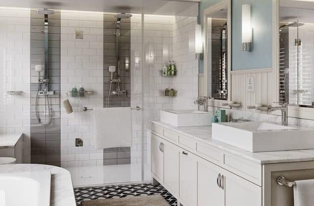 Open plan bathroom, including a bath and a shower, with sink, all white