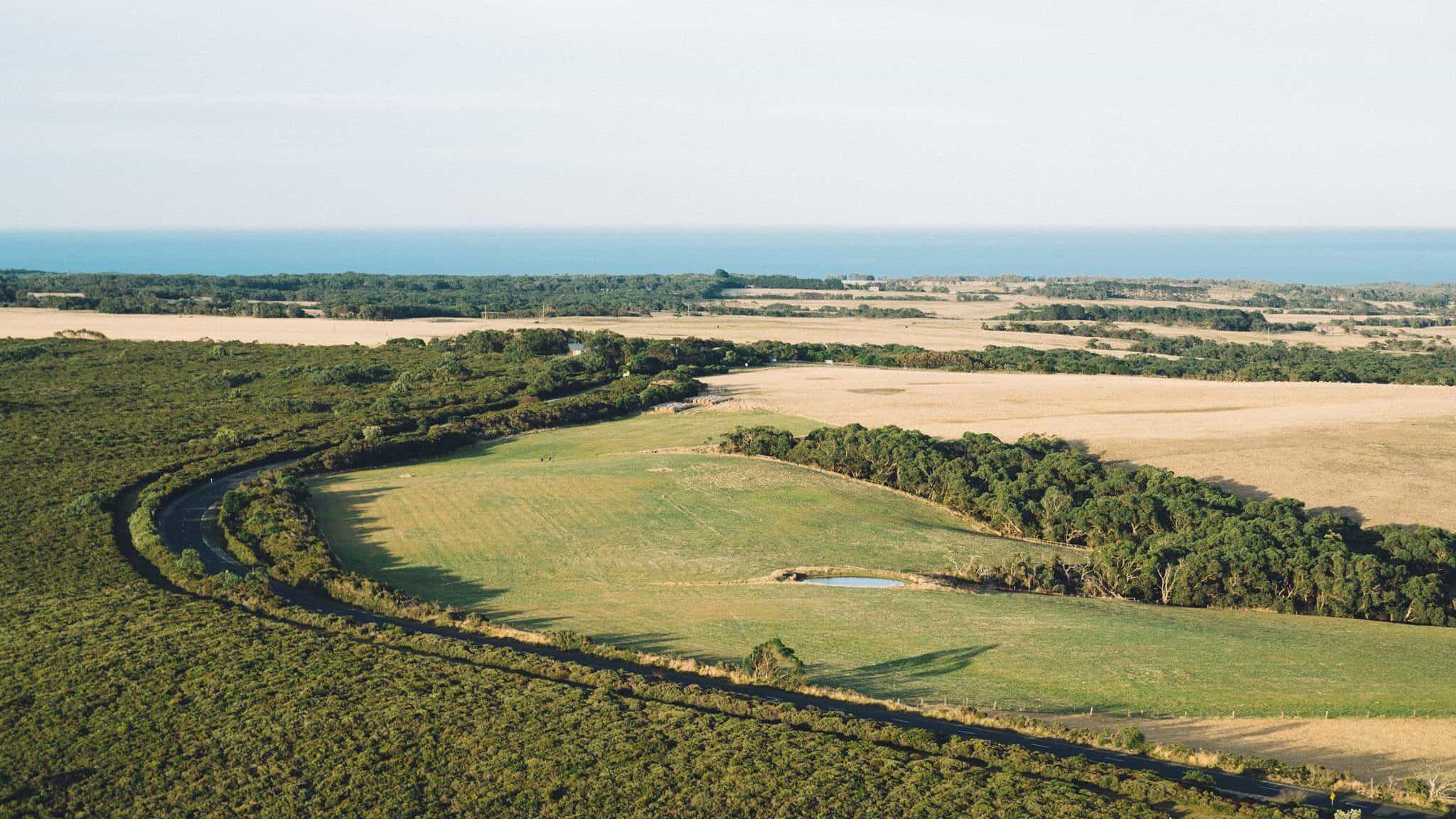 Green fields, aerial landscape view