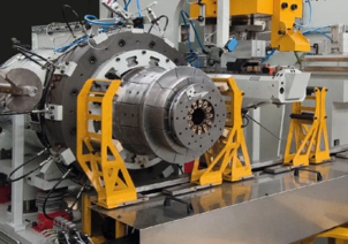 A machine for production lines of steel wheels.