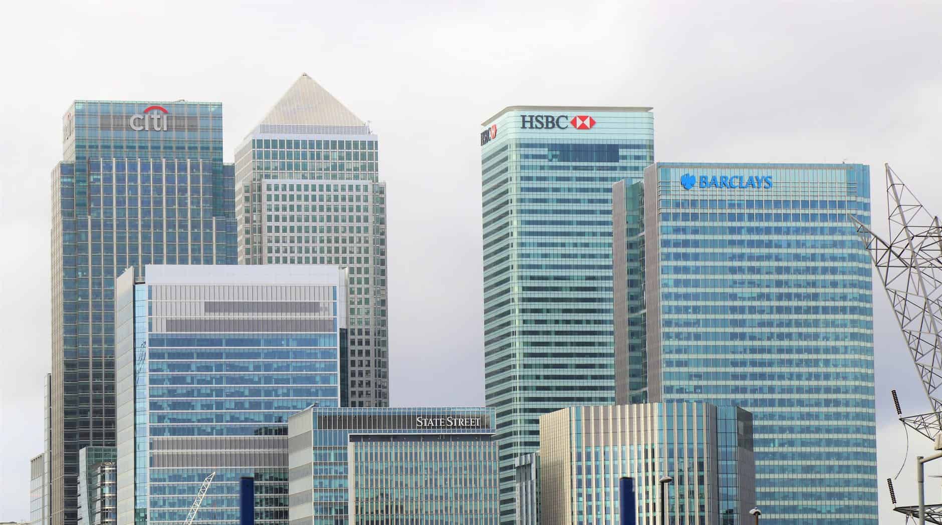 Four major British bank buildings, Citi, State Street, HSBC and Barclays.