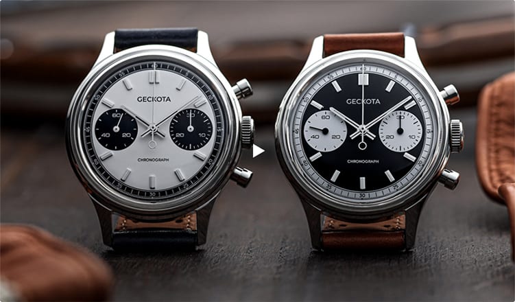 Two Geckota wristwatches that are on display.