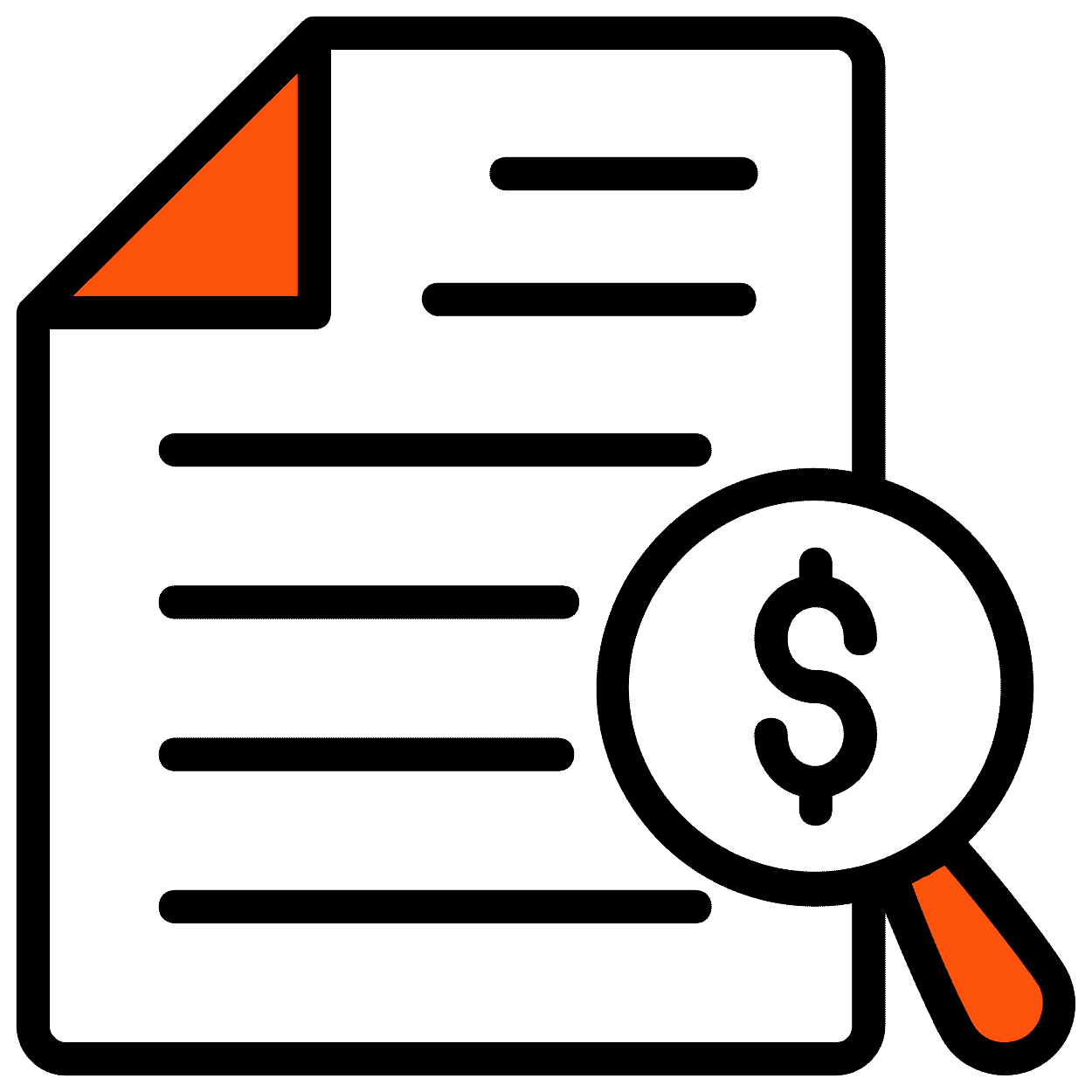 A graphic of a document and magnifying glass with a dollar sign in the middle of the glass.