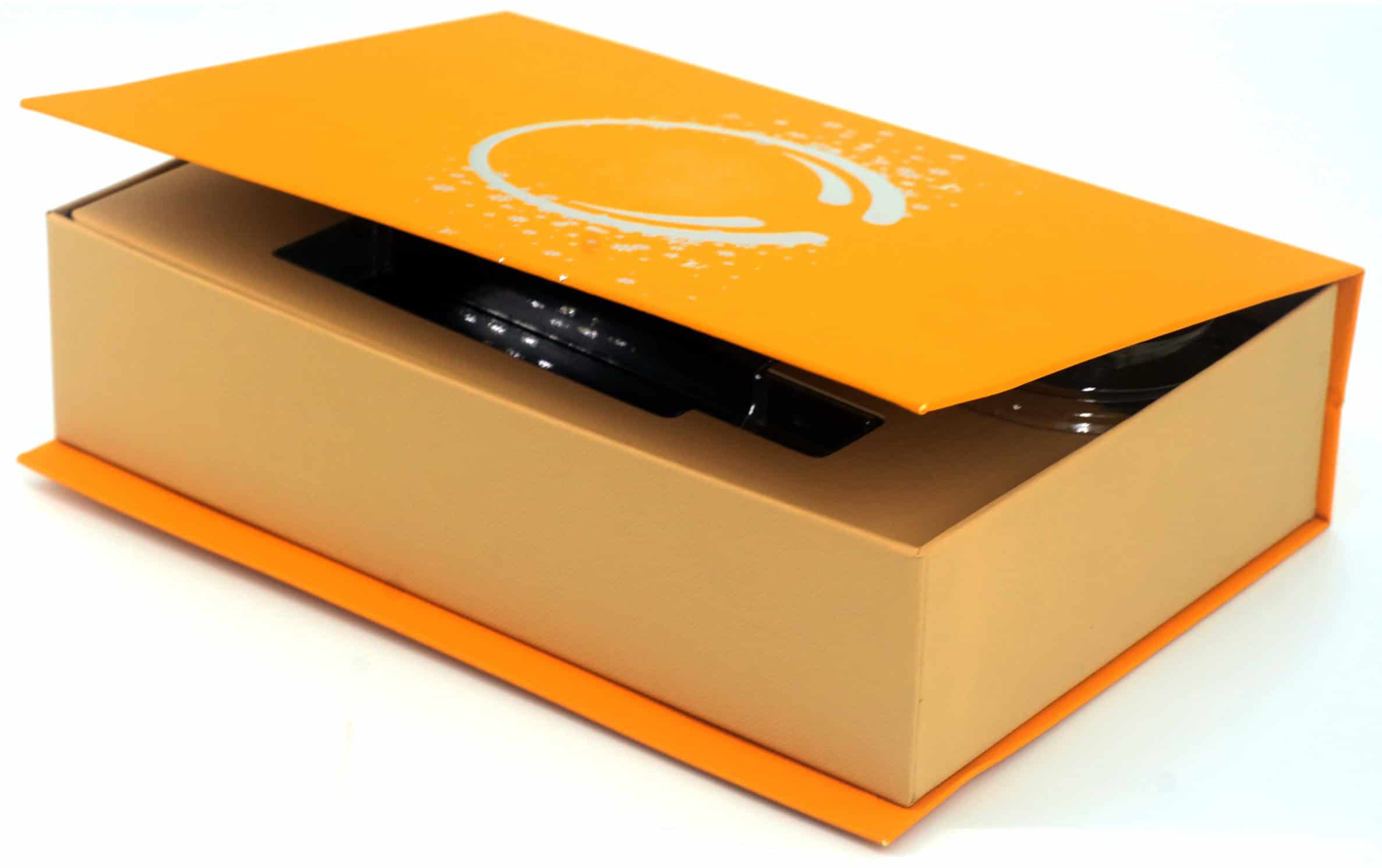 A semi-open orange gift box.