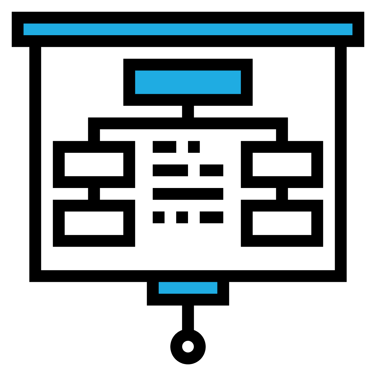 A graphic of a pulldown projector screen with a presentation on it with blue highlights.