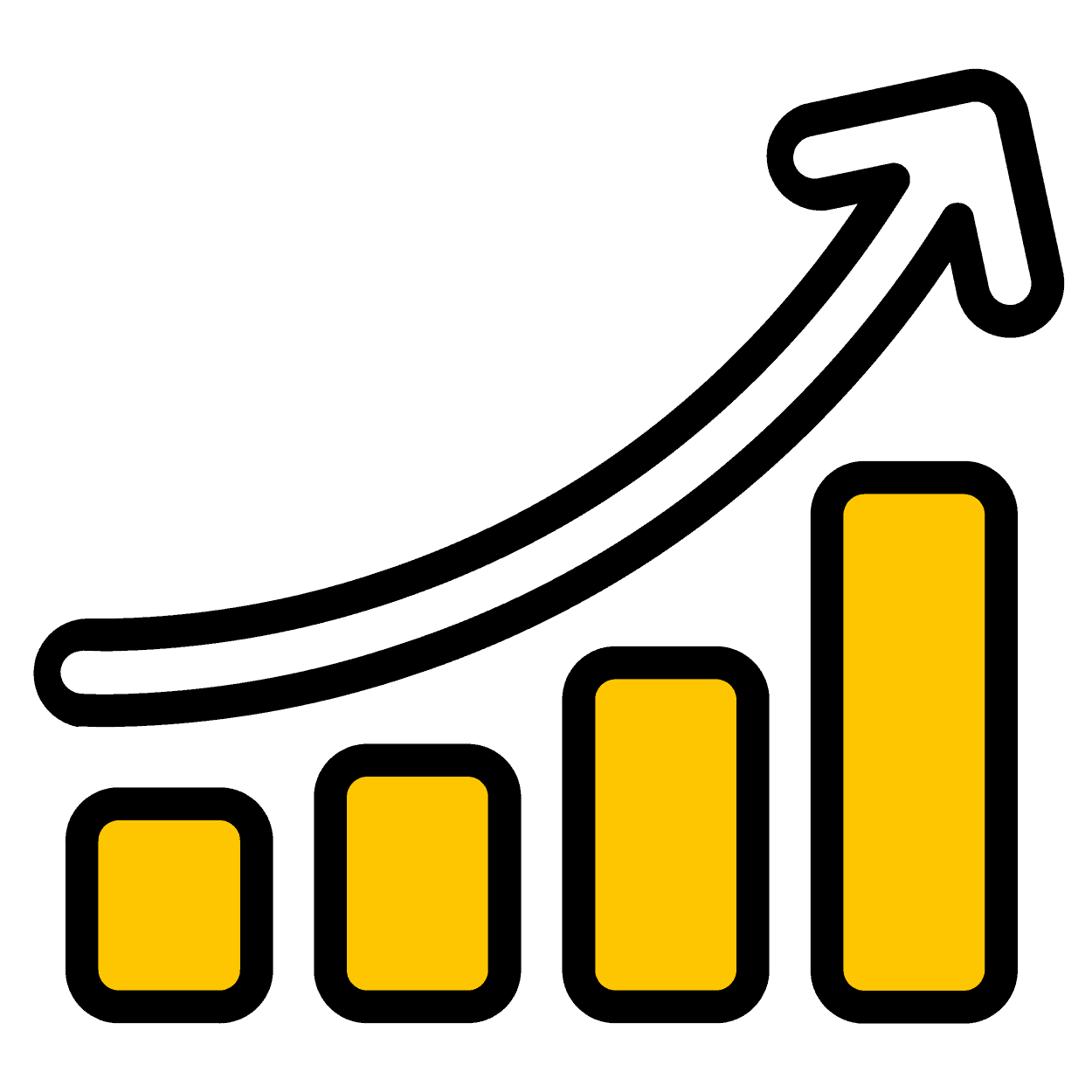 A graphic of a bar graph with an arrow indicating growth with yellow highlights.