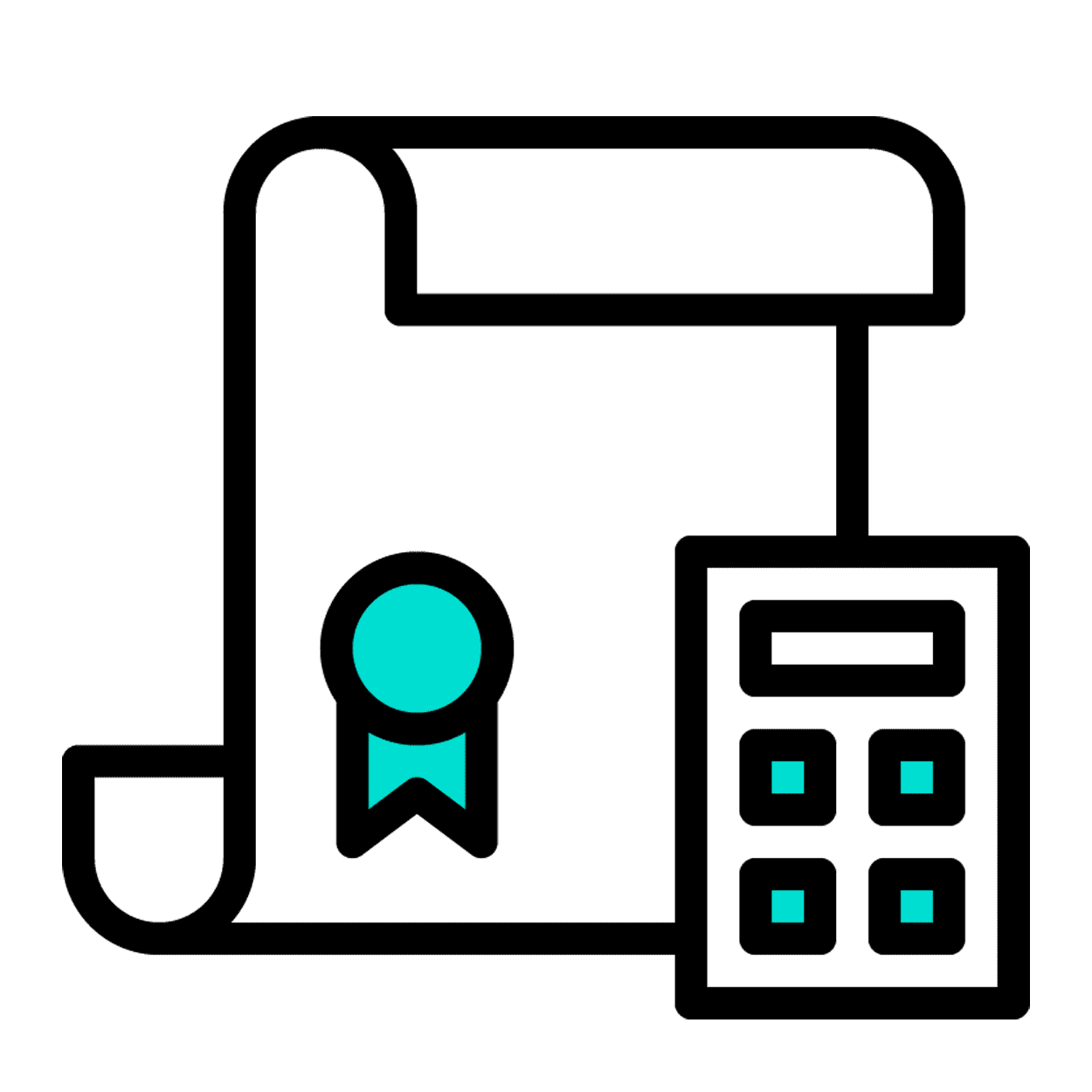 A graphic of a certificate and a calculator with blue highlights.