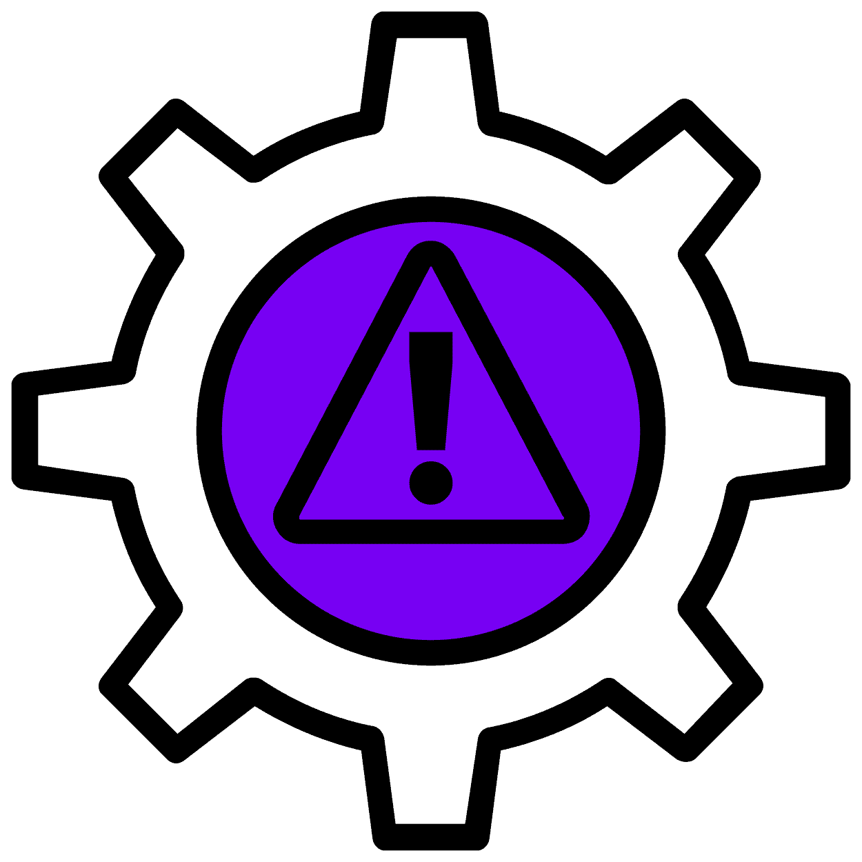 A graphic of a machine cog with a purple warning sign in the center of it.
