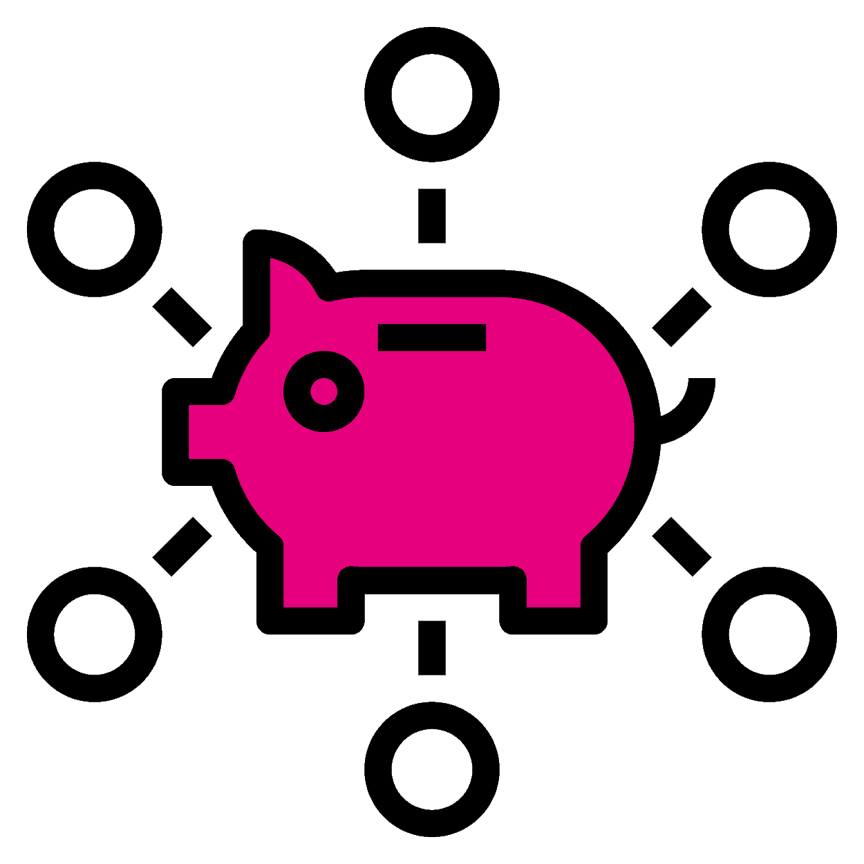 A graphic of a pink piggy bank with six coins bordering it.