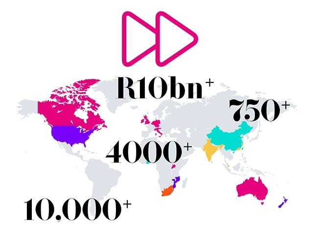 A world map graphic where several countries are different colours with a fast forward icon and number totals on the map.