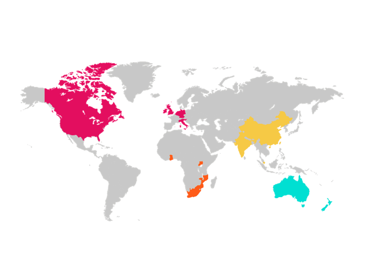 A world map graphic where certain countries like Australia, South Africa and the United Kingdom are shaded in with colour.