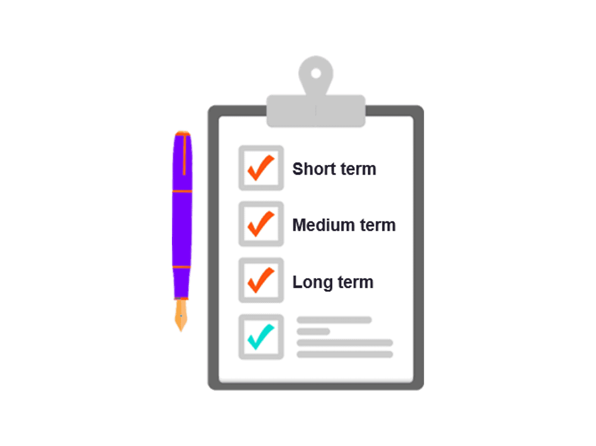 A graphic of a purple pen and clipboard with three check boxes that say short term, medium term and long term next to them.